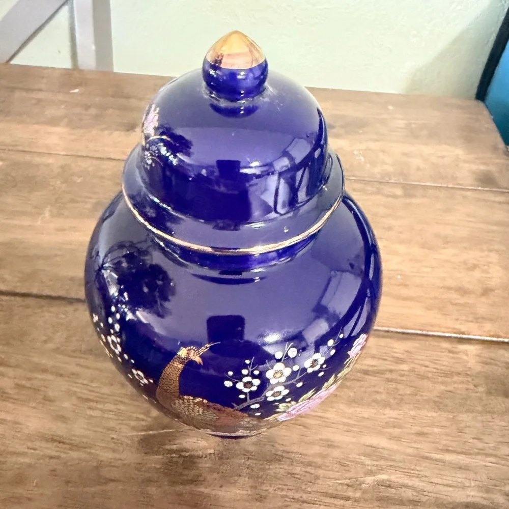 Vintage Cobalt Blue Porcelain Ginger Jar Hand Painted Gold Trim Floral Bird Deco